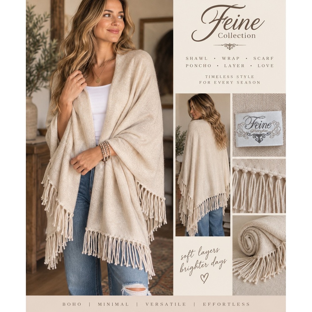 Feine Collection Beige Knit Fringe Shawl Wrap Oversized Soft Boho One Size